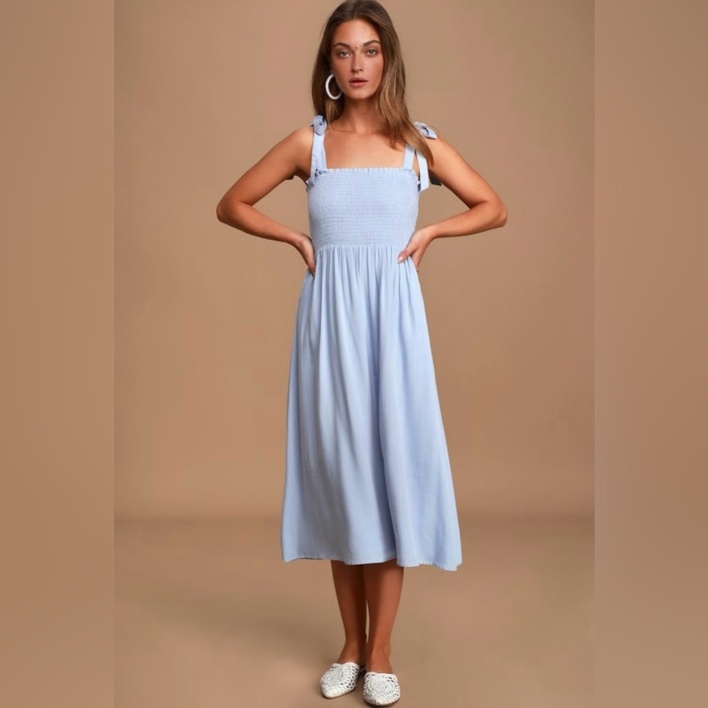 Lulus Light Blue Smocked Tie-Strap Midi Dress